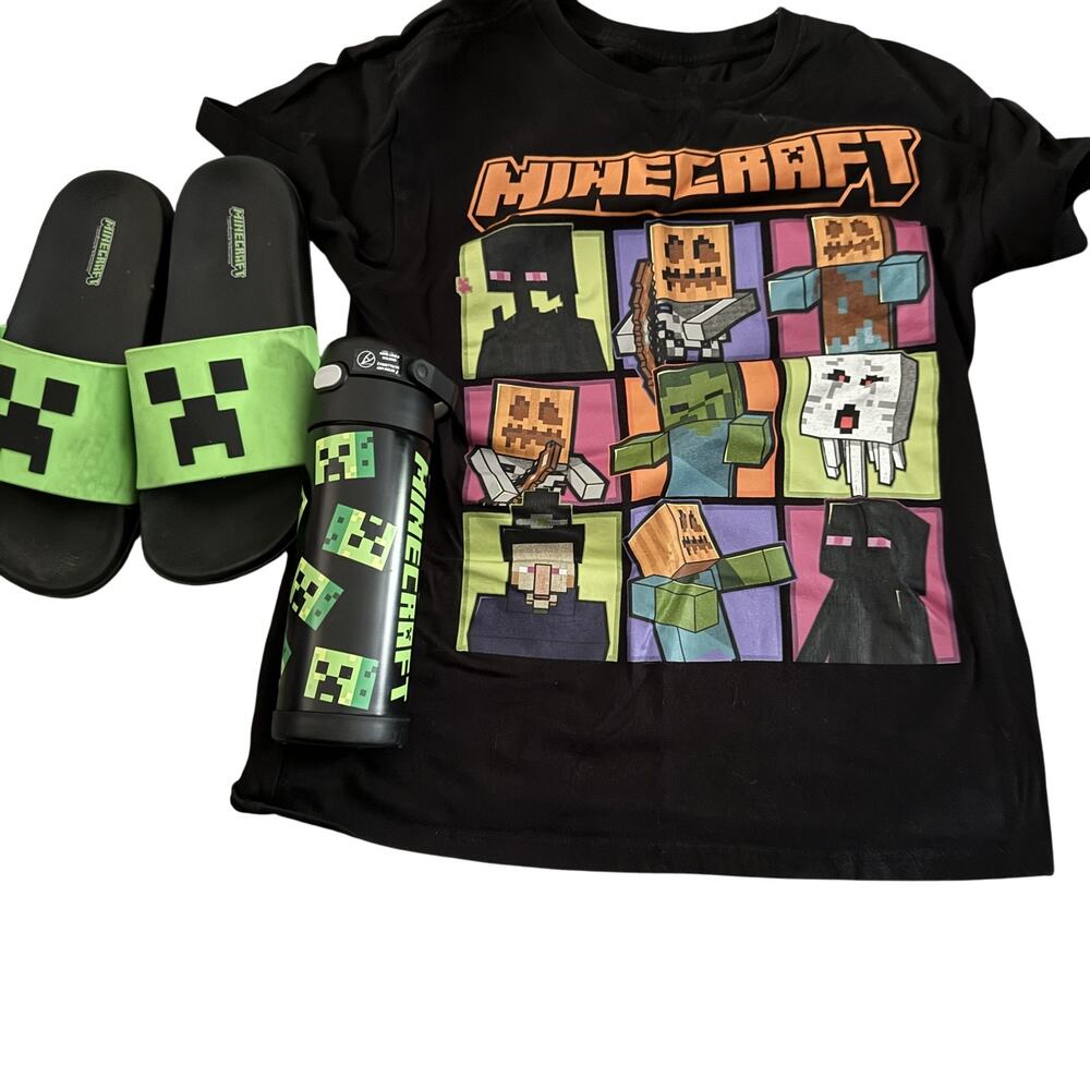 Minecraft Shirt Youth Large Black Creeper Slides XL 5-6 Thermos Water Bottle Set